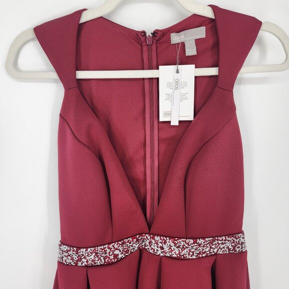ASOS Fit & Flare Mini Dress 8 Cocktail Plunge V Neck Skater Embellished Burgundy - Picture 4 of 11